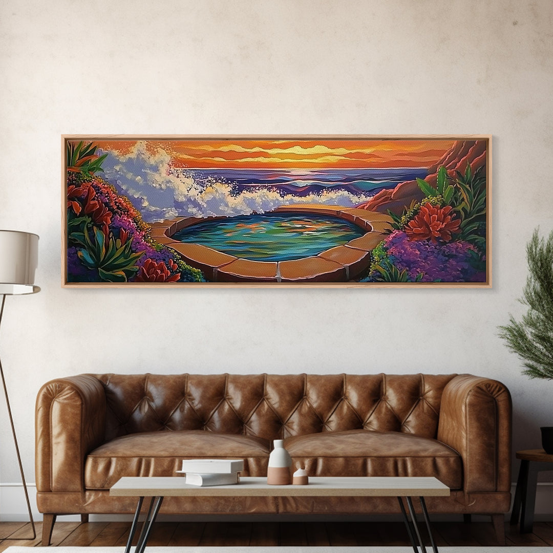 Ocean Hot Spring, Tropical Spa Scene, Sunset Serenity, Coastal Zen, Framed Canvas Print, Relaxation Art, Bohemian Wall Art