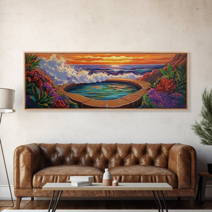 Ocean Hot Spring, Tropical Spa Scene, Sunset Serenity, Coastal Zen, Framed Canvas Print, Relaxation Art, Bohemian Wall Art