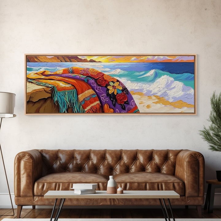 Ocean Blanket Painting, Sunset Coastline Scene, Canvas Print, Coastal Boho Wall Art, Bedroom or Beach House Decor