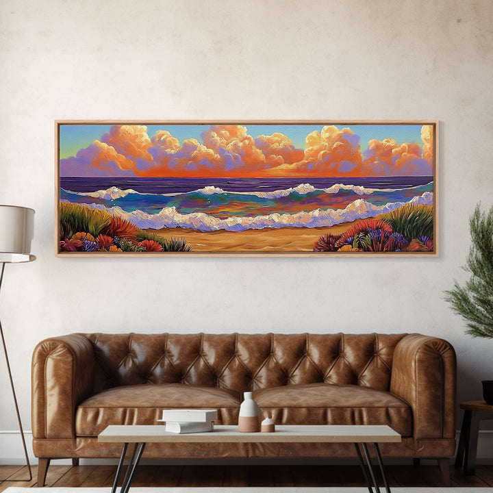 Beach Sunset, Gentle Waves, Cotton Clouds, Summer Calm, Framed Canvas Print, Coastal Wall Art, Soft Pastel Ocean Landscape