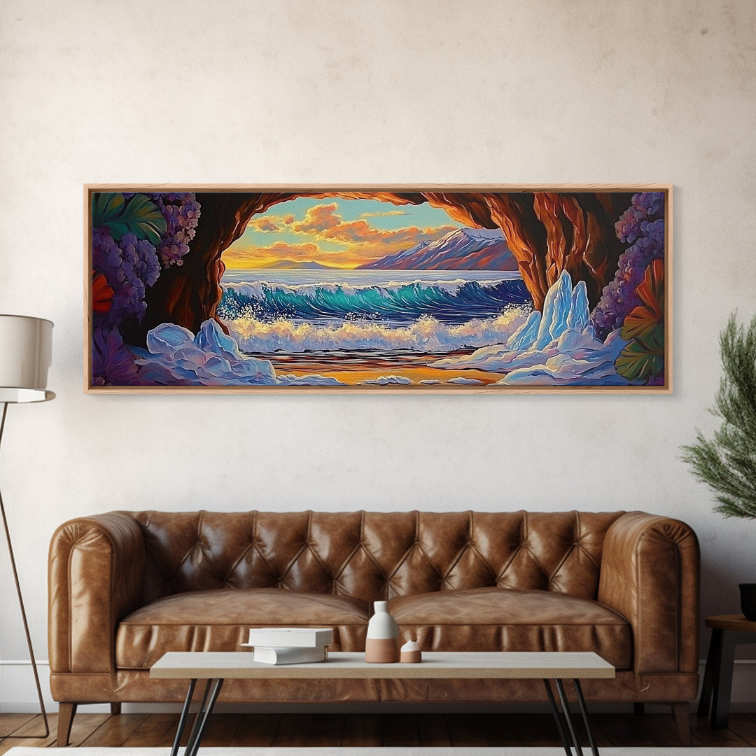 Arctic Ocean Cave, Winter Seascape, Vibrant Ice Waves, Framed Canvas Print, Seasonal Wall Art, Coastal Fantasy Decor