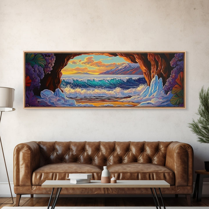 Arctic Ocean Cave, Winter Seascape, Vibrant Ice Waves, Framed Canvas Print, Seasonal Wall Art, Coastal Fantasy Decor