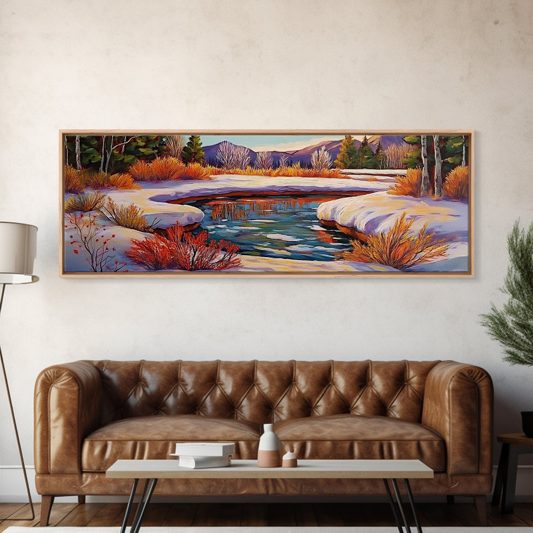 Snowy Mountain Pond, Winter Forest Stream, Sunset Reflection, Canvas Print, Rustic Cabin Wall Art, Nature Landscape Art