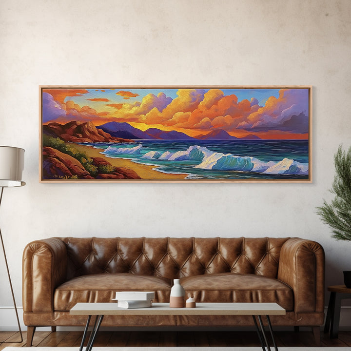 Coastal Sunset Glow, Ocean Horizon, Vibrant Wave Art, Framed Canvas Print, Living Room Wall Art, Colorful Beach Landscape