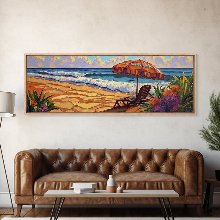 Beach Umbrella Scene, Vibrant Ocean View, Canvas Print, Tropical Coastal Decor, Seaside Living Room Wall Art, Boho Beach Style