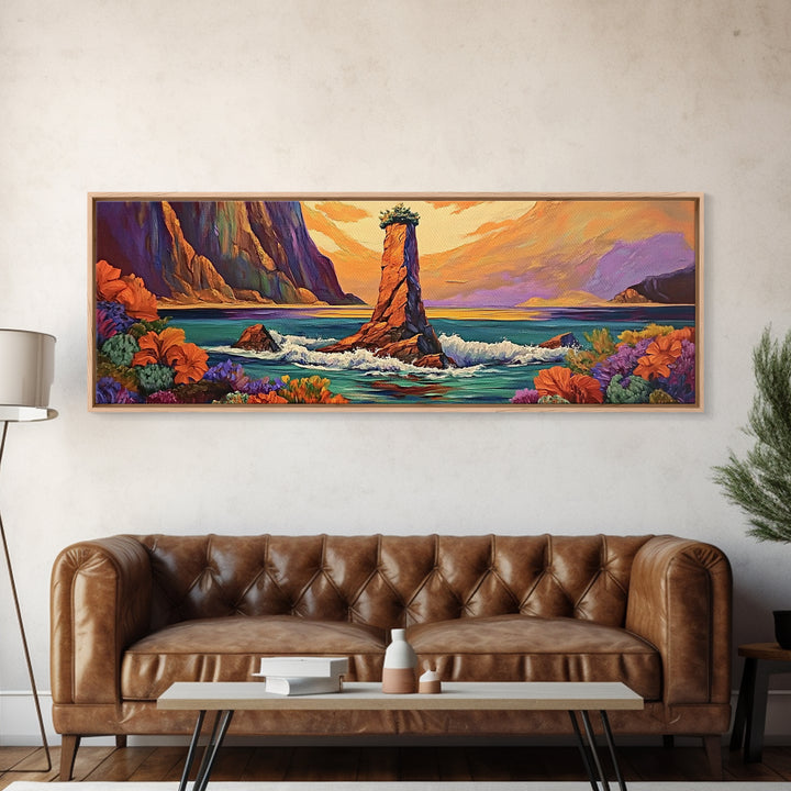 Ocean Rock Island, Sunset Coastline, Floral Foreground, Canvas Print, Living Room Wall Art, Mystical Nature Landscape
