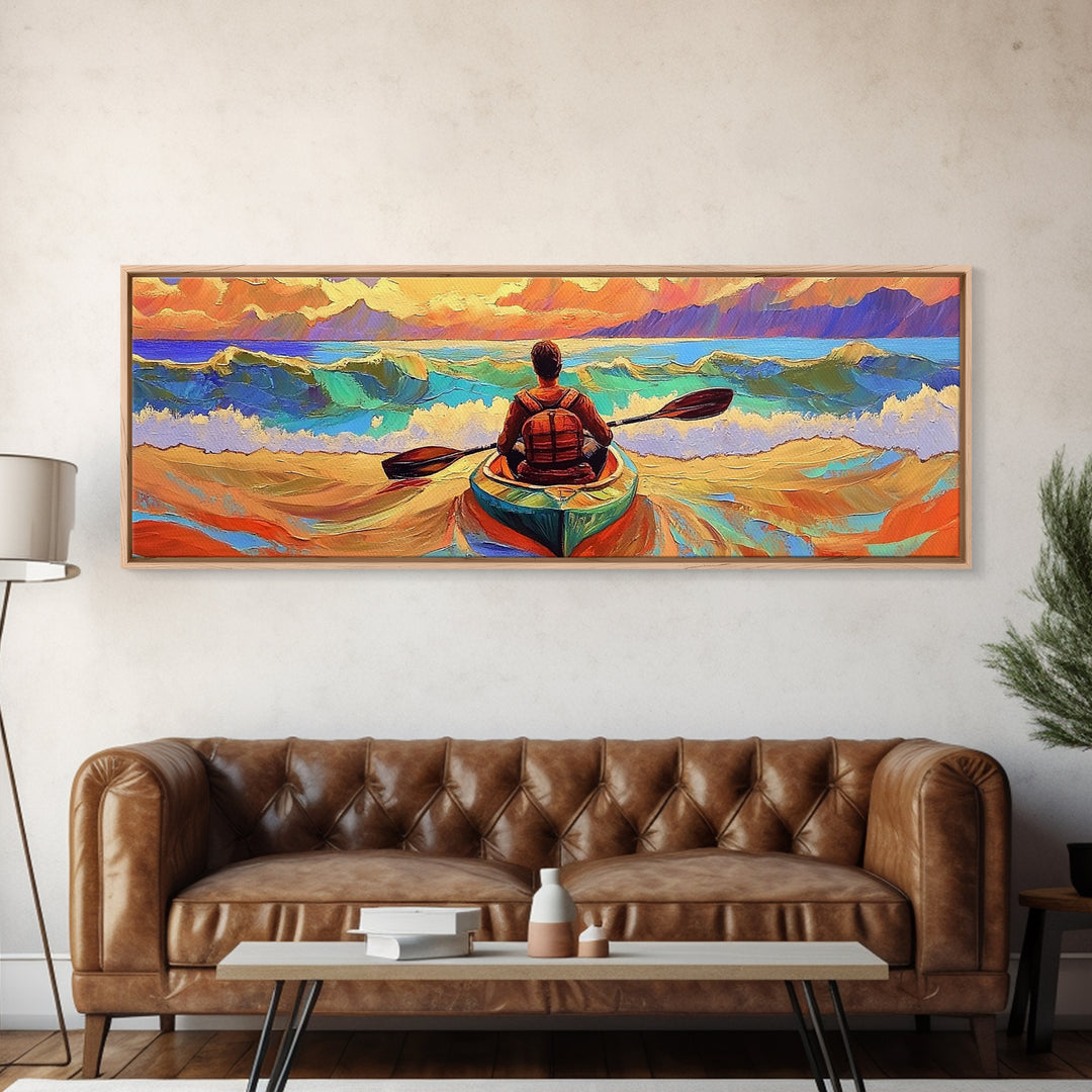 Ocean Kayaker, Waves Sunset, Adventure Spirit, Beach Home Accent, Framed Canvas Print, Coastal Wall Art, Colorful Outdoor Art