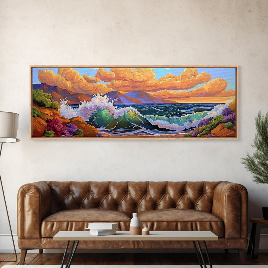 Coastal Surf, Sunset Clouds, Tropical Vibes, Ocean Wave Art, Framed Canvas Print, Beach House Decor, Seaside Living Room Art