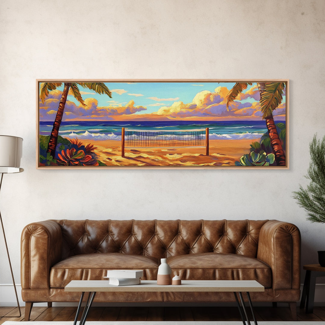 Beach Sunset, Palm Trees, Volleyball Net, Tropical Decor, Framed Canvas Print, Coastal Wall Art, Boho Beach Vibes, Game Room Art