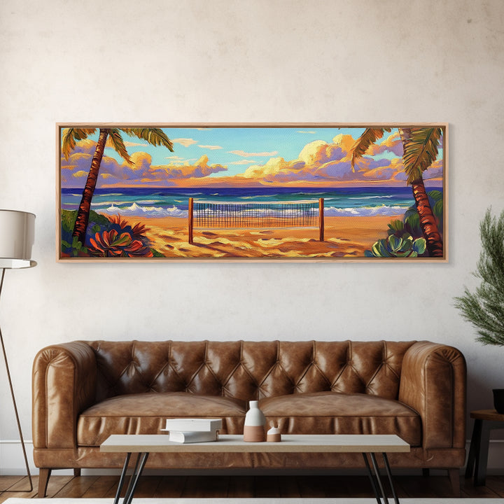 Beach Sunset, Palm Trees, Volleyball Net, Tropical Decor, Framed Canvas Print, Coastal Wall Art, Boho Beach Vibes, Game Room Art