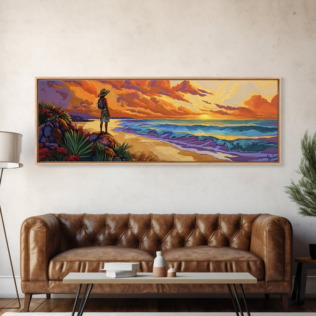 Ocean Sunset, Traveler View, Warm Colors, Beach Adventure, Framed Canvas Print, Wanderlust Wall Art, Bedroom Accent, Nature Lover Gift