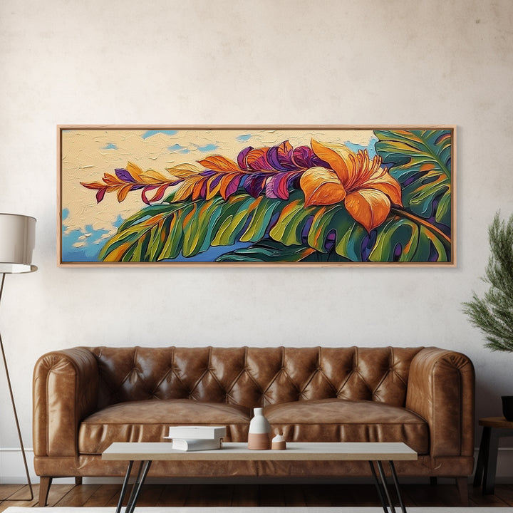 Tropical Leaves, Bold Floral, Exotic Bloom, Modern Art, Framed Canvas Print, boho jungle decor, bedroom wall art, tropical artwork