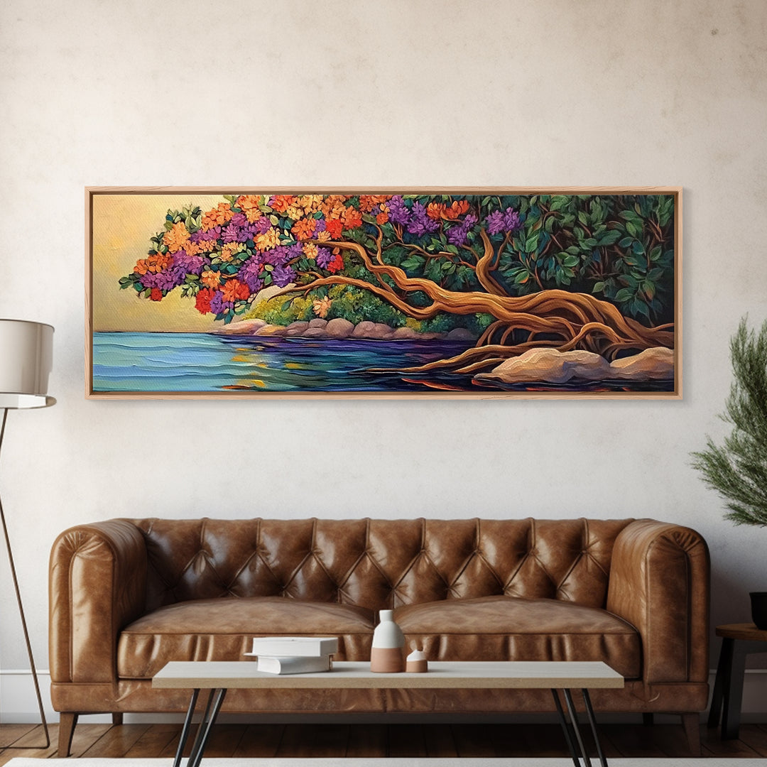 Blooming Tree, Ocean Shore, Tranquil Scene, Curved Branches, Framed Canvas Print, bedroom art, whimsical landscape, botanical wall piece
