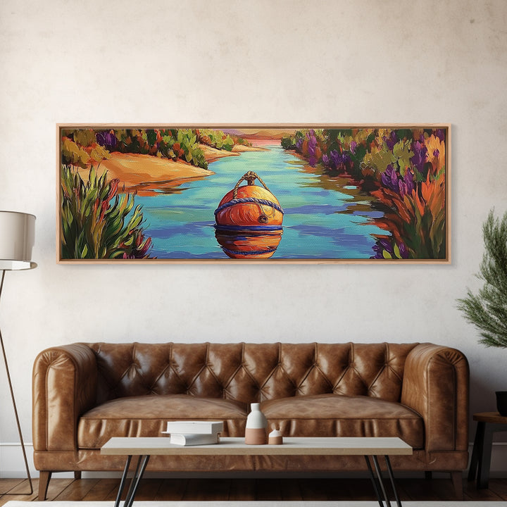 Buoy Painting, River Calm, Coastal Reflection, Peaceful Dock, Canvas Print, lake cabin art, nautical wall decor, colorful waterway scene