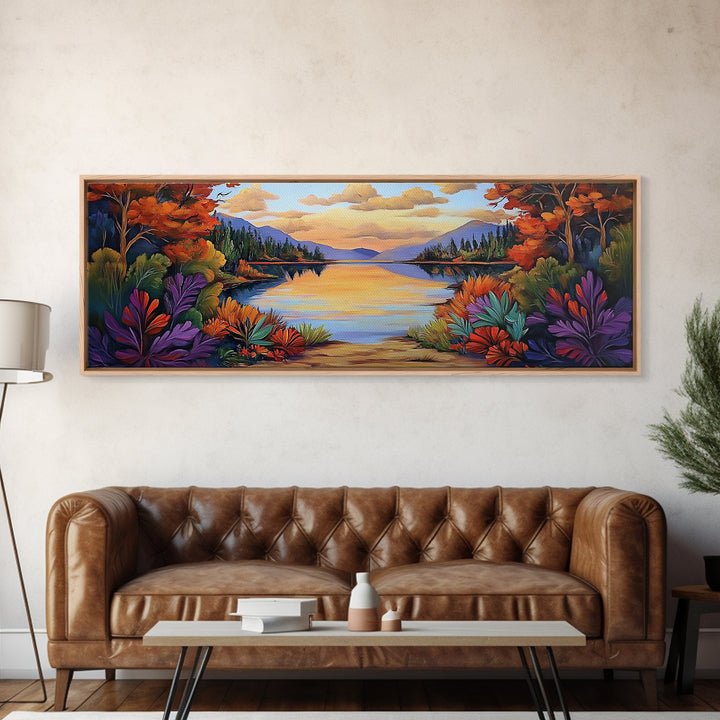 Autumn Lake Reflection, Tranquil Nature Painting, Fall Forest Sunset, Framed Canvas Print, Cozy Living Room or Cabin Wall Decor