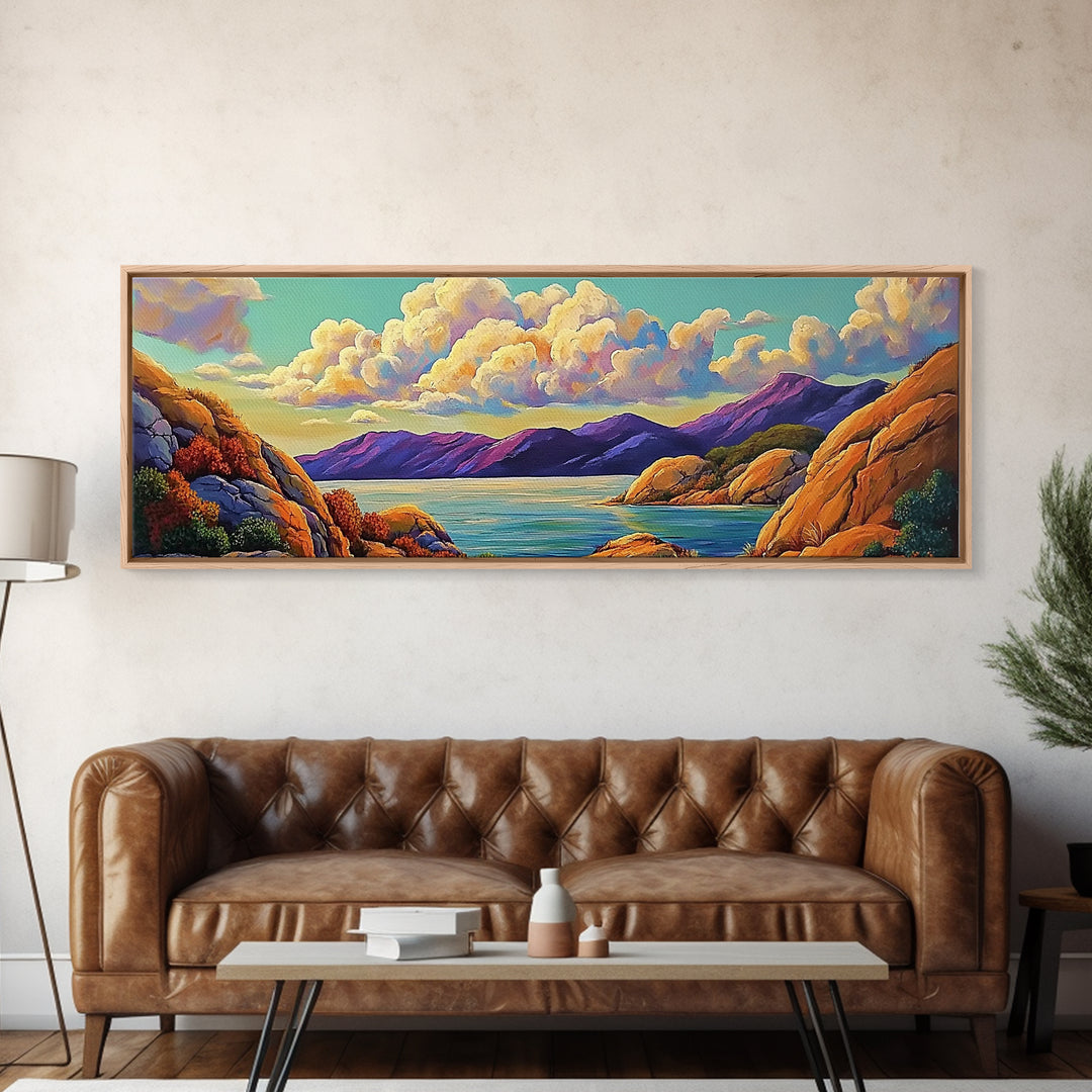 Rocky Coast View, Cloudy Sky Seascape, Peaceful Nature Art, Framed Canvas Print, Beach House Decor, Coastal Bedroom Wall Art