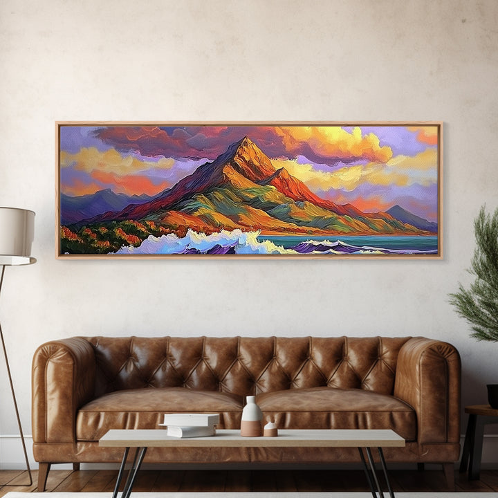 Mountain Wave Scene, Sunset Coastal Painting, Dramatic Landscape Art, Framed Canvas Print, Adventure Office or Living Room Wall Art