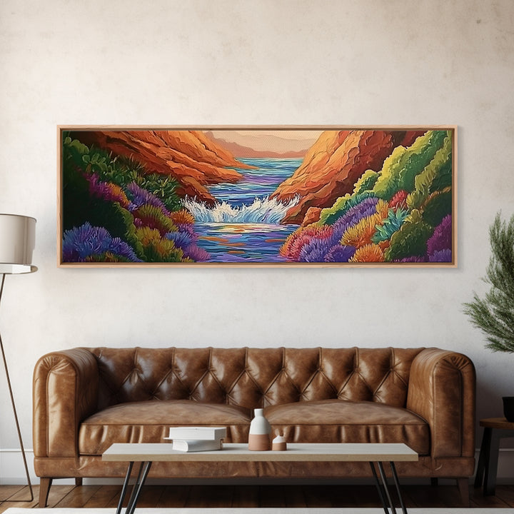 Canyon Stream Bloom, Colorful Desert River Scene, Vibrant Nature Painting, Framed Canvas Print, Southwest Living Room or Office Art