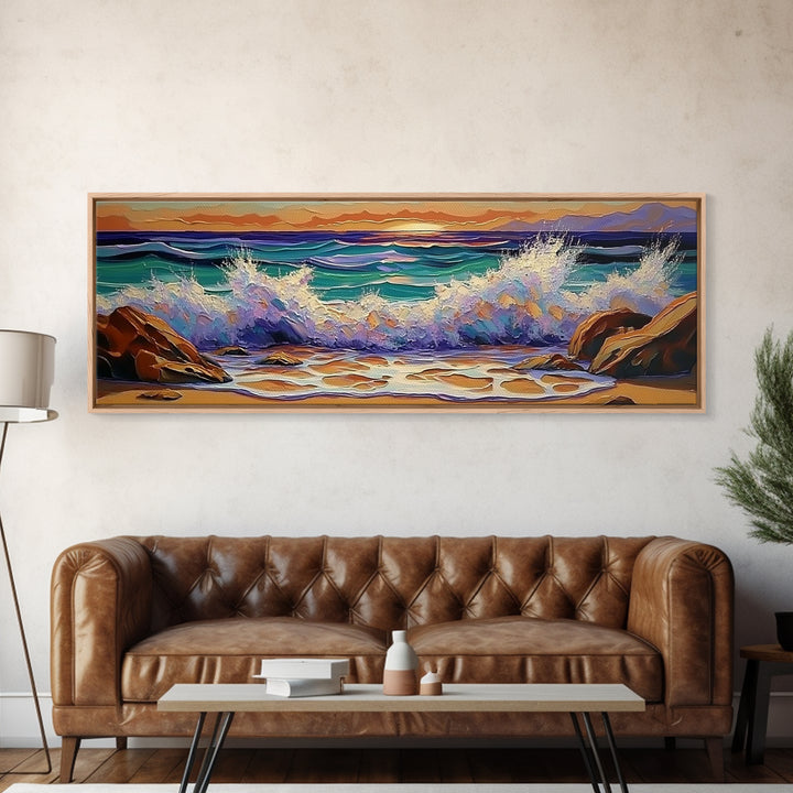 Crashing Waves Sunset, Seaside Landscape Art, Modern Beach Wall Decor, Living Room Accent, Framed Canvas Print, Coastal Vibes