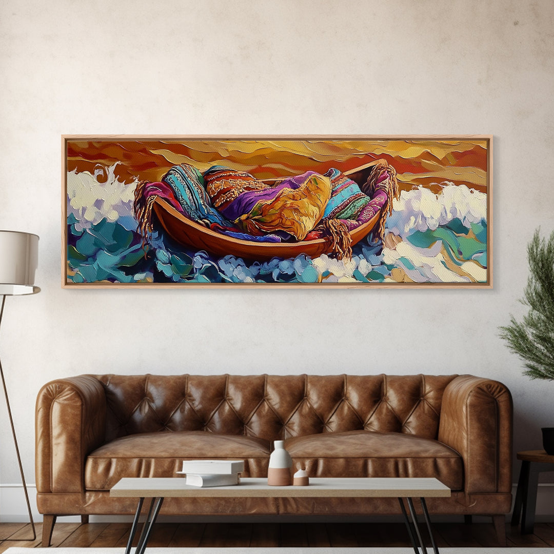 Cozy Boat, Colorful Blankets, Ocean Sunset, Serene Waves, Framed Canvas Print, Bohemian Bedroom Art, Nautical Style, Relaxation Vibe