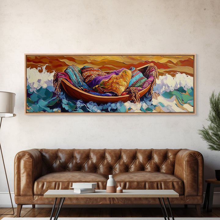 Cozy Boat, Colorful Blankets, Ocean Sunset, Serene Waves, Framed Canvas Print, Bohemian Bedroom Art, Nautical Style, Relaxation Vibe