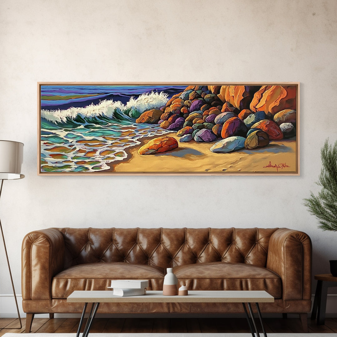 Rocky Shoreline Waves, Ocean Rocks Art, Seaside Spray, Framed Canvas Print, Bathroom Coastal Wall Art, Bold Beach Style, Nautical Decor