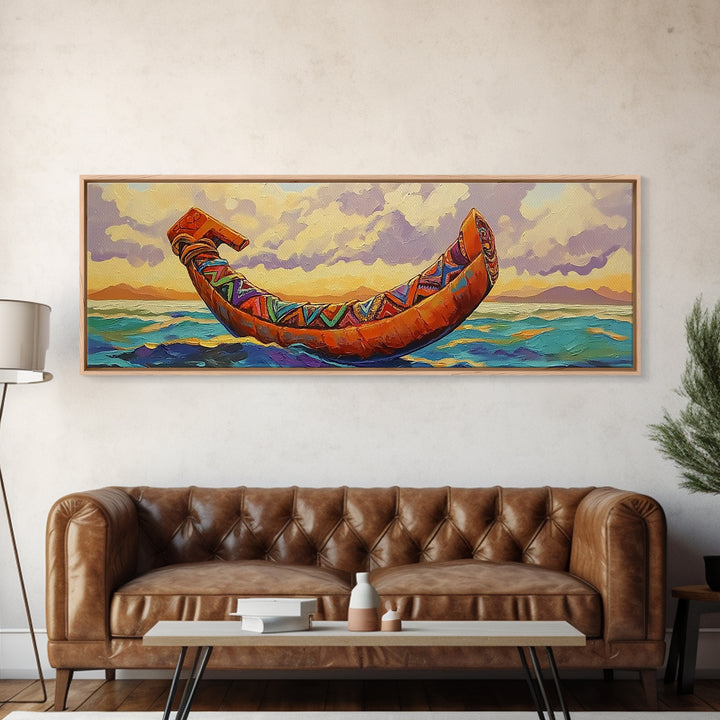 Tribal Canoe, Ocean Spirit, Ethnic Decor, Sunset Waterscape, Framed Canvas Print, Rustic Coastal Art, Living Room Adventure Decor