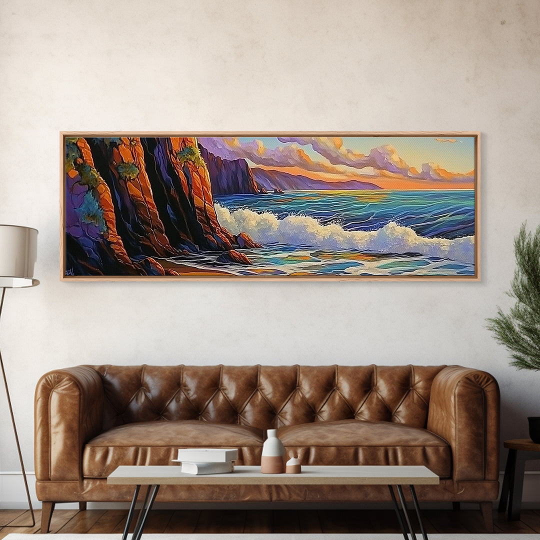 Coastal Cliff, Ocean Waves, Sunset Water, Rocky Shoreline, Framed Canvas Print, Bathroom Wall Art, Vibrant Seascape, Beach House Style