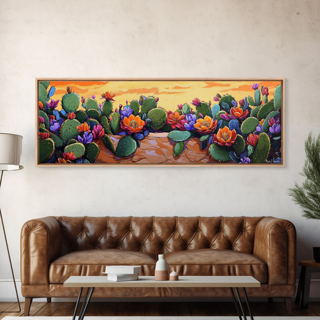Cactus Garden Bloom, Southwest Succulent Art, Bright Floral Desert Scene, Framed Canvas Print, Kitchen Wall Art, Boho Botanical Decor