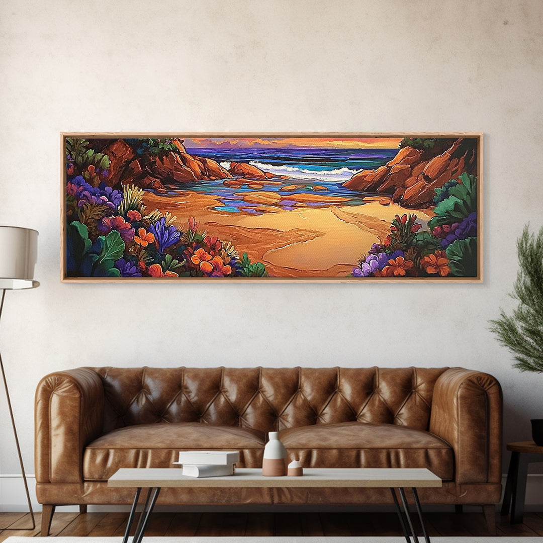 Rocky Beach Cove, Tropical Floral Ocean Art, Sunset Coastline View, Framed Canvas Print, Bathroom Wall Art, Nature Inspired Style