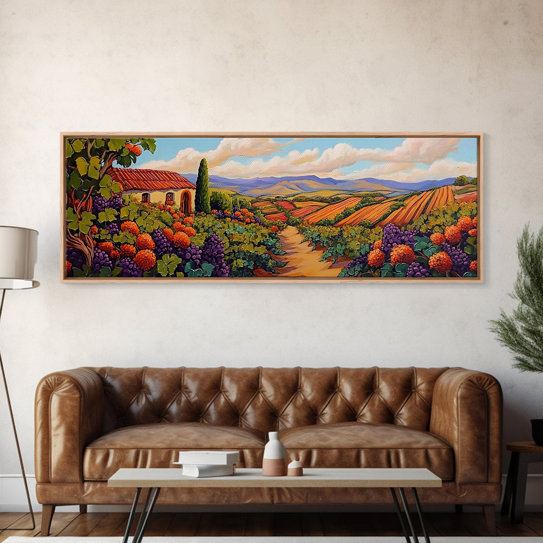 Autumn Vineyard Path, Rustic Countryside, Orange and Purple Art, Framed Canvas Print, Kitchen Wall Decor, Fall Landscape Painting