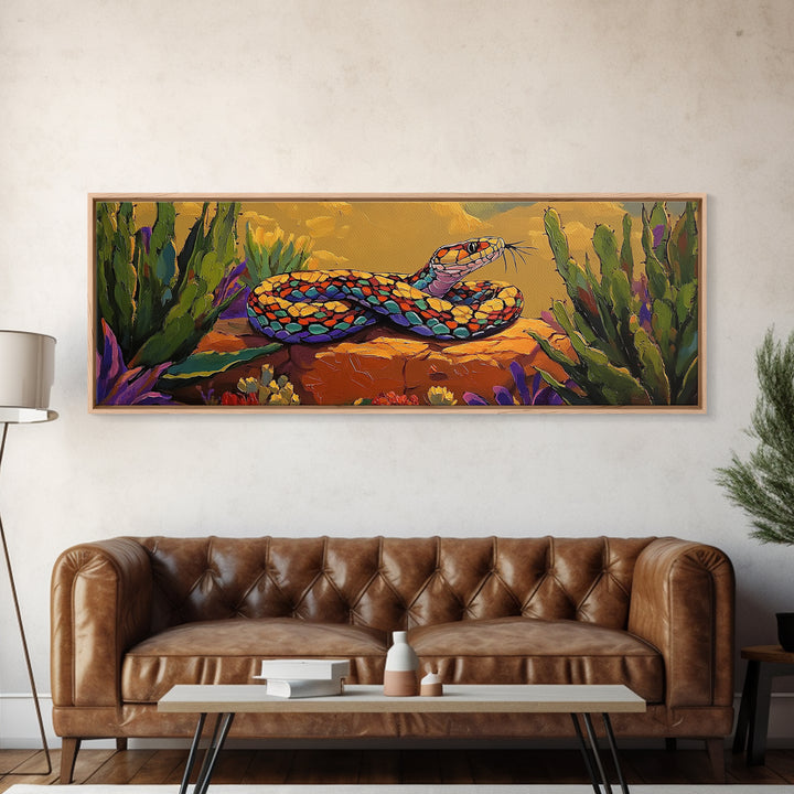Desert Snake Scene, Vibrant Reptile Art, Cactus Wildlife, Framed Canvas Print, Bold Southwest Wall Decor, Nature Inspired Room