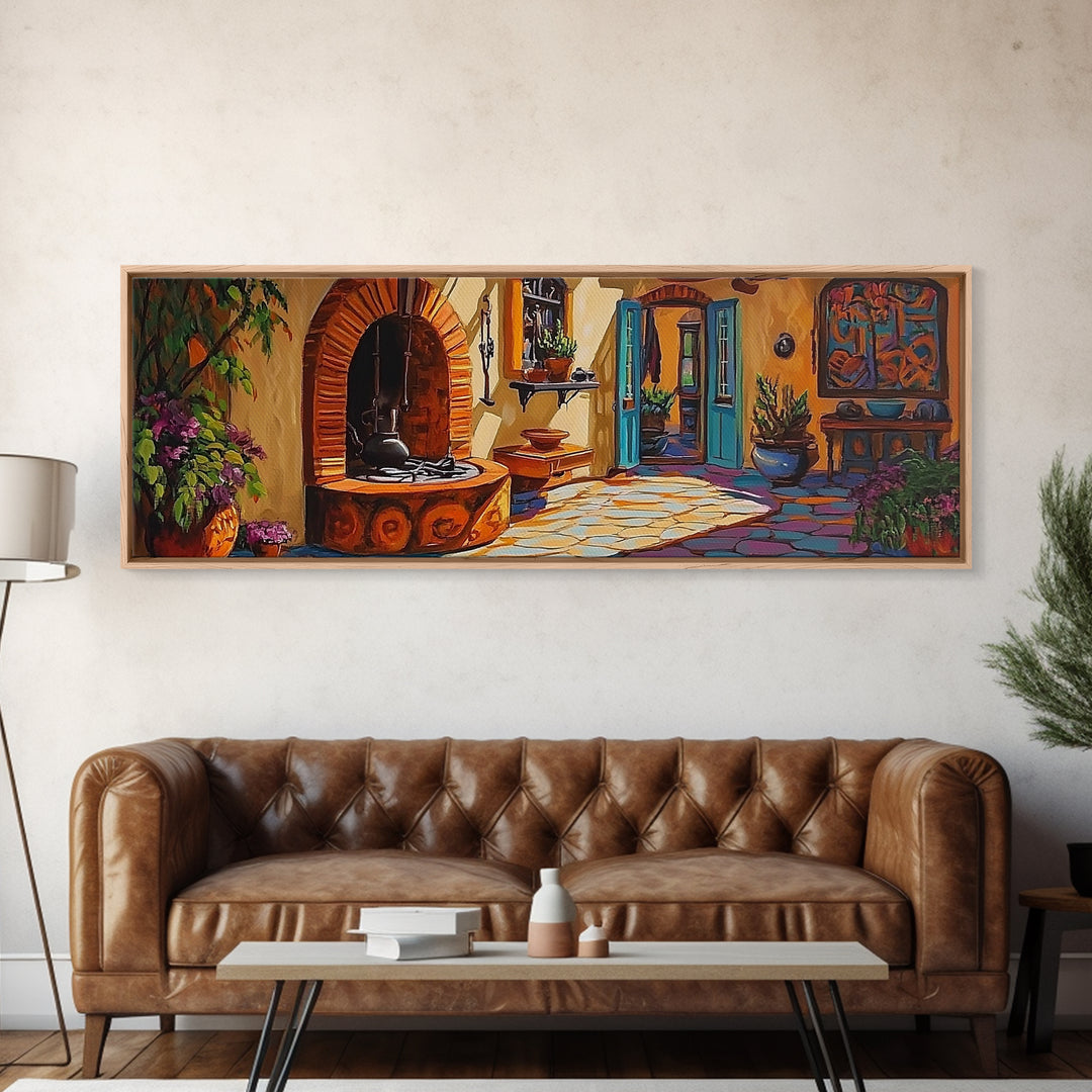 Cozy Kitchen Decor, Rustic Courtyard Art, Adobe Style, Mexican Home Wall Decor, Framed Canvas Print, Southwest Kitchen Wall Art