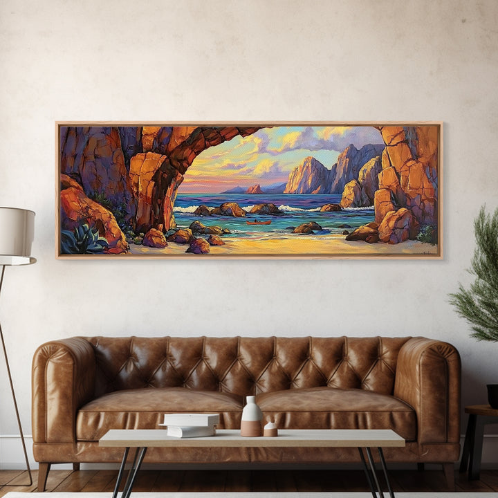 Coastal Archway View, Rocky Beach Sunset, Ocean Serenity, Framed Canvas Print, Nautical Living Room Art, Seaside Escape Scene