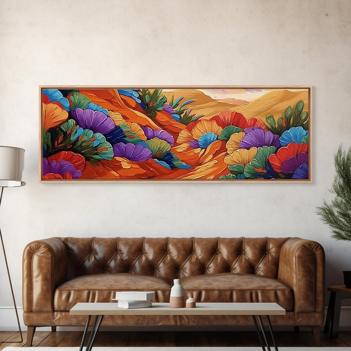 Colorful Desert Blooms, Vibrant Landscape, Boho Floral Style, Framed Canvas Print, Bedroom Wall Art, Modern Southwestern Painting
