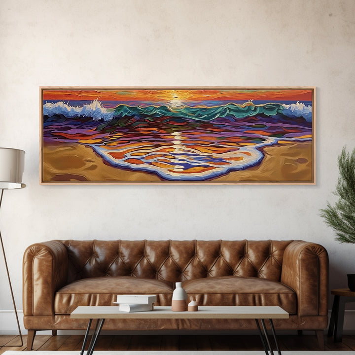 Ocean Sunset Glow, Colorful Wave Reflection, Coastal Abstract, Framed Canvas Print, Beach House Wall Art, Modern Seascape Painting