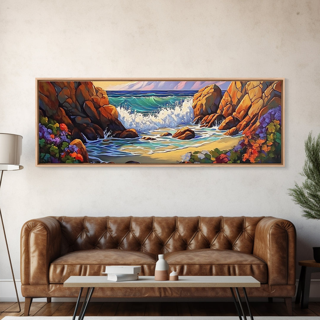 Rocky Shore Break, Ocean Cliff Scene, Seaside Escape, Framed Canvas Print, Coastal Bathroom Wall Art, Nautical Beach Decor