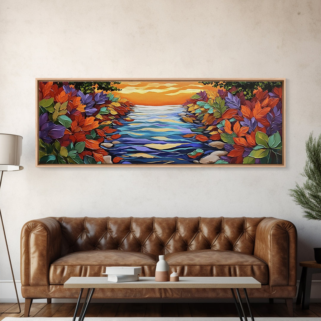 Autumn River Glow, Fall Leaf Reflections, Vibrant Nature Scene, Framed Canvas Print, Rustic Wall Art, Entryway or Dining Room Decor