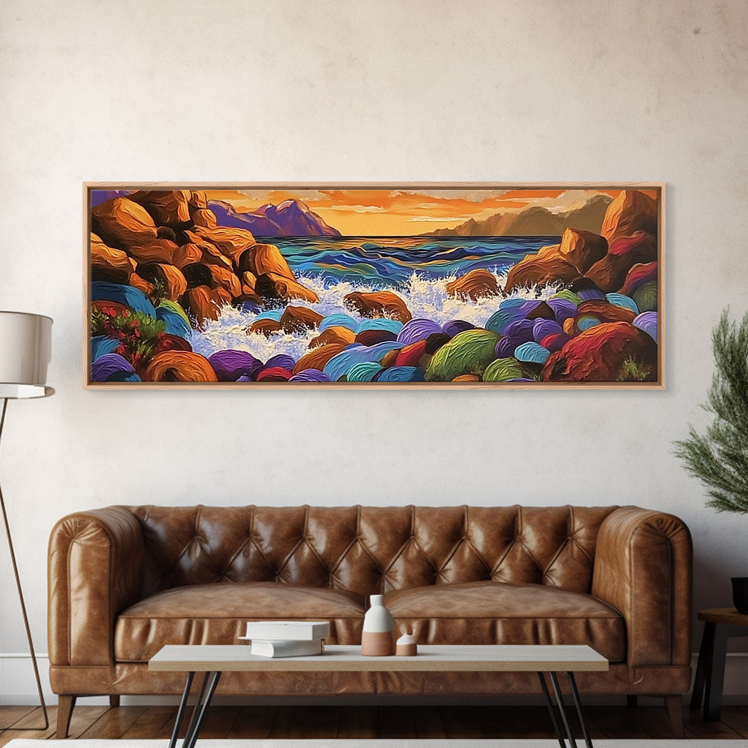 Rocky Coastline, Sunset Splash, Rainbow Stones, Framed Canvas Print, Bathroom Wall Art, Modern Seaside Art, Bold Landscape Vibes