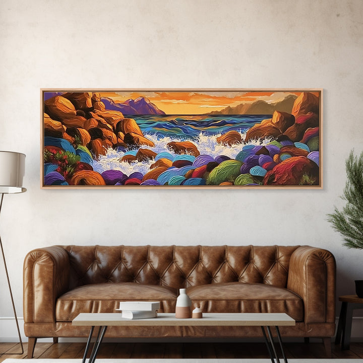 Rocky Coastline, Sunset Splash, Rainbow Stones, Framed Canvas Print, Bathroom Wall Art, Modern Seaside Art, Bold Landscape Vibes