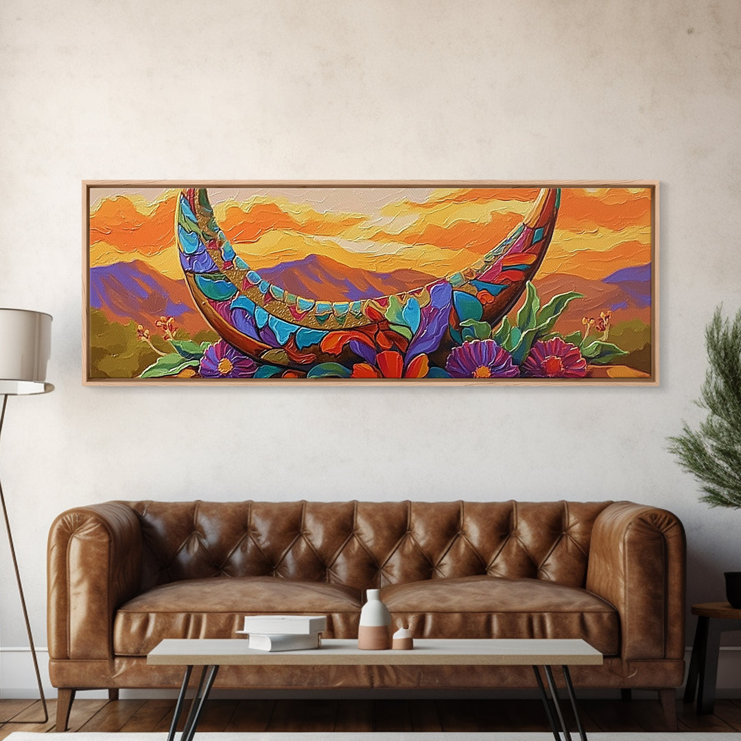 Crescent Moon, Floral Sunset, Western Vibes, Framed Canvas Print, Desert Boho Wall Art, Living Room Decor, Whimsical Southwestern Art