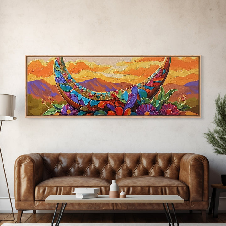 Crescent Moon, Floral Sunset, Western Vibes, Framed Canvas Print, Desert Boho Wall Art, Living Room Decor, Whimsical Southwestern Art