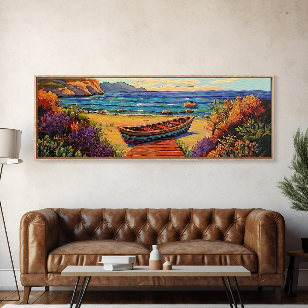 Beach Rowboat Painting, Tranquil Shoreline Scene, Coastal Landscape Art, Summer Lake House Style, Framed Canvas Print, Nature Wall Art