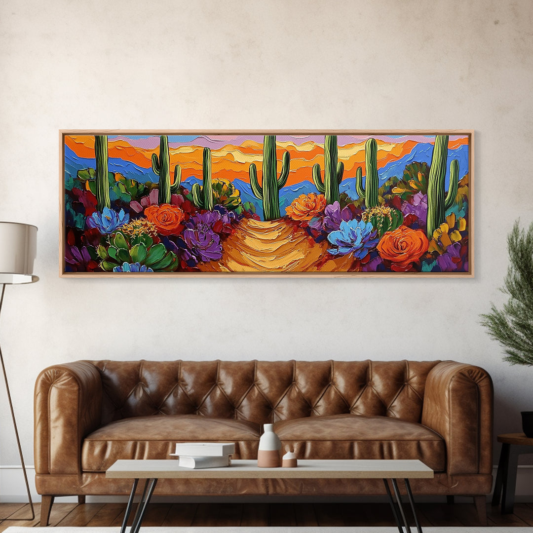 Cactus Garden Sunset, Desert Wall Art, Succulent Landscape, Framed Canvas Print, Boho Living Room Decor, Vibrant Western Style