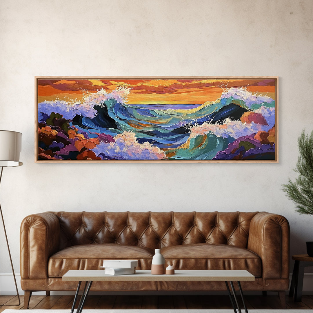Breaking Waves Seascape, Ocean Wall Art, Sunset Coastal View, Framed Canvas Print, Nautical Living Room Decor, Beach Style