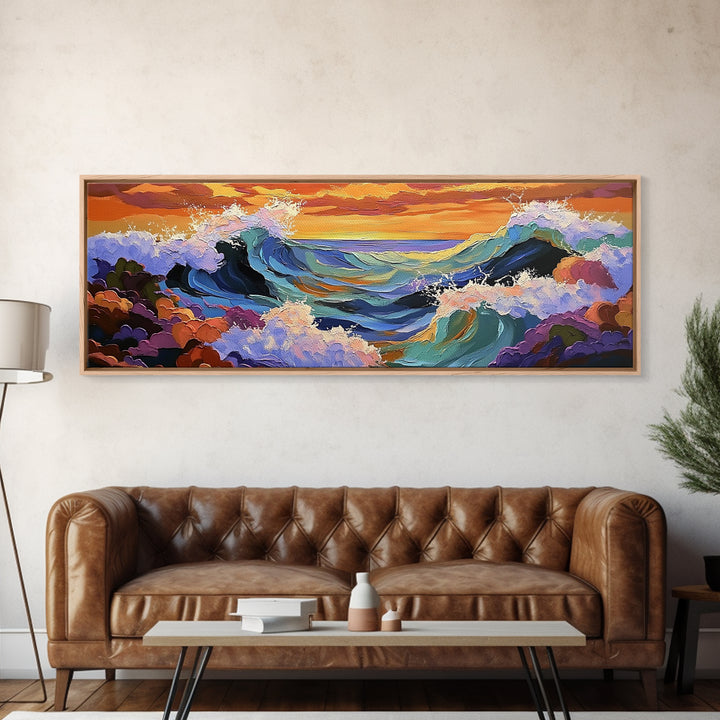 Breaking Waves Seascape, Ocean Wall Art, Sunset Coastal View, Framed Canvas Print, Nautical Living Room Decor, Beach Style