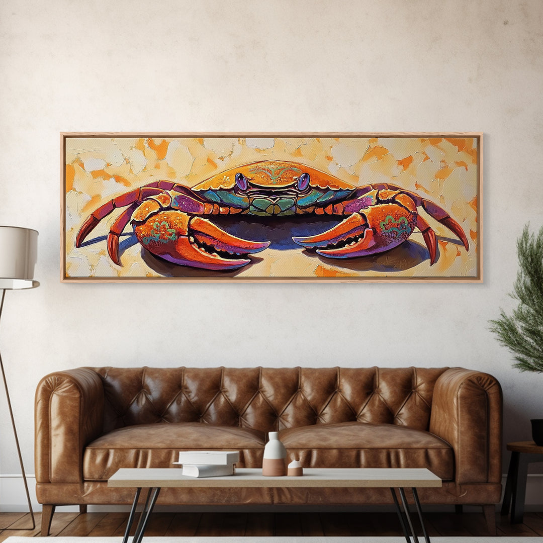 Coastal Crab Art, Beach House Decor, Nautical Vibes, Vibrant Colors Framed Canvas Print, Coastal Kitchen Wall Art, Bold Animal Painting
