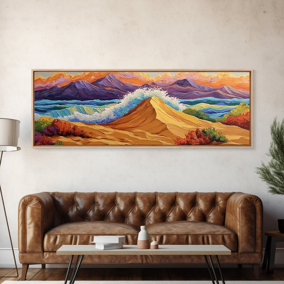 Desert Dunes, Ocean Splash, Sunset Mountains, Fall Tones Framed Canvas Print, Living Room Wall Art, Southwest Colorful Art