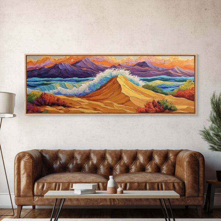 Desert Dunes, Ocean Splash, Sunset Mountains, Fall Tones Framed Canvas Print, Living Room Wall Art, Southwest Colorful Art