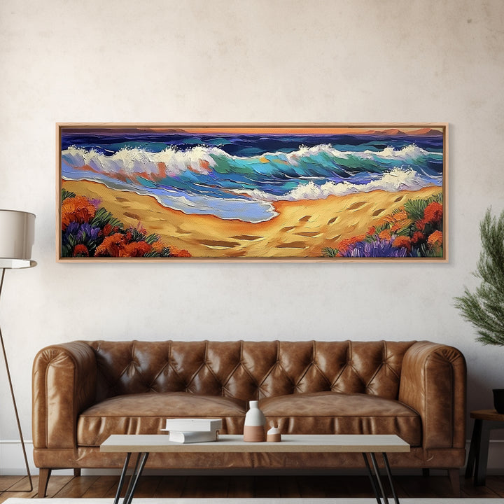 Coastal Wave Art, Beach Shore, Ocean Spray, Sunset Sea Framed Canvas Print, Living Room Wall Art, Modern Tropical Decor